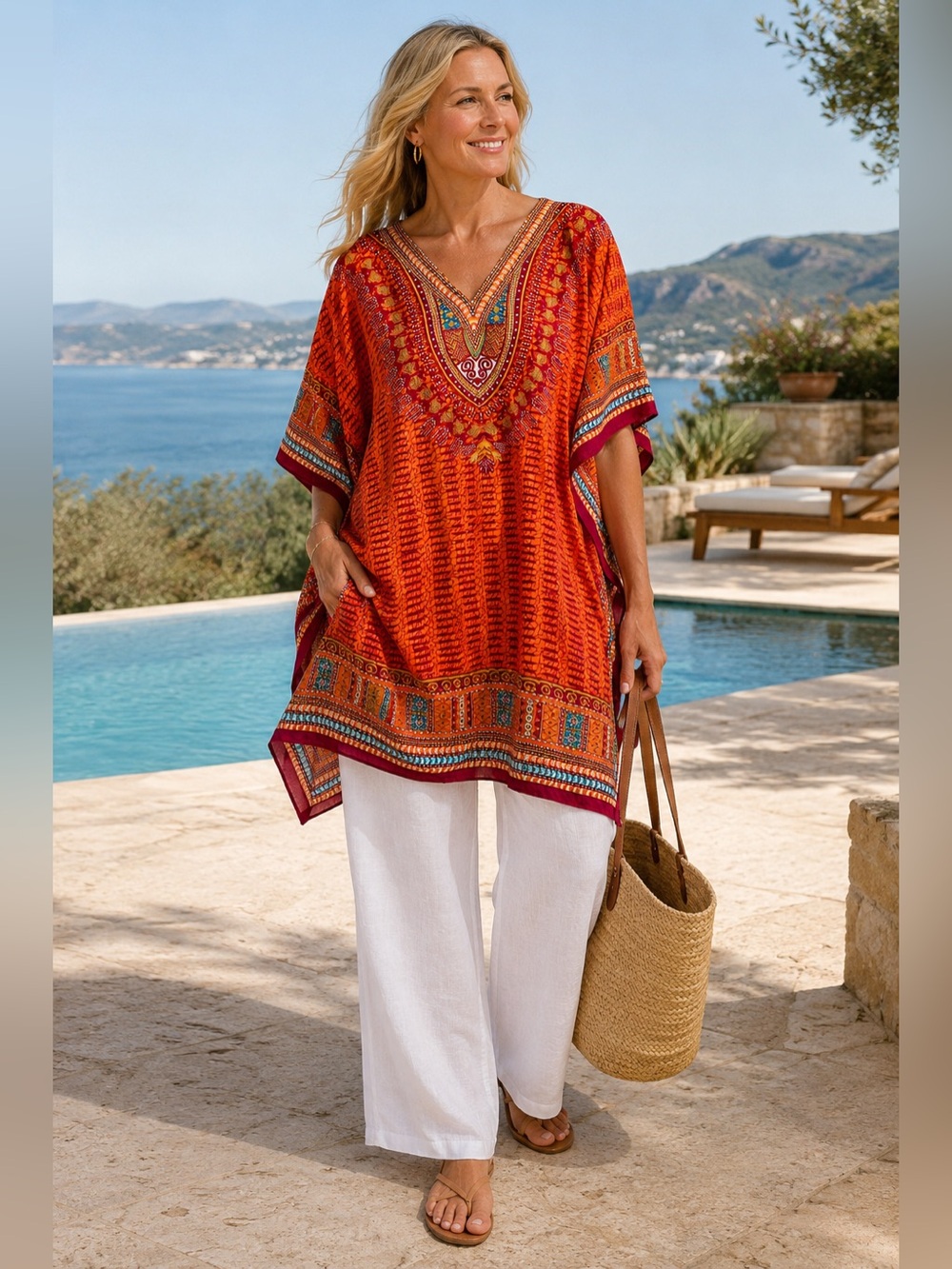 Santé Classics Dashiki Caftan Tunic Poncho Boho One Size Made in India Resort